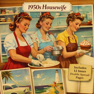 Könnte beinhalten: Ein Buch mit dem Titel 1950s Housewife, das drei Frauen in einer Küche zeigt, von denen eine Zutaten mischt und eine andere einen Cupcake hält. Der Einband enthält den Hinweis, dass es 12 innere Doppelseiten mit Küstenszenen enthält.