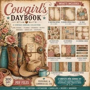 Può includere: Un kit per junk journal digitale intitolato Cowgirl's Daybook con un tema western vintage. Include 12 fogli da scrittura, 12 pagine doppie, 36 etichette, 60 ritagli, 60 elementi effimeri, 24 carte, 24 tasche, 6 folio, 30 fascette e 12 fogli.