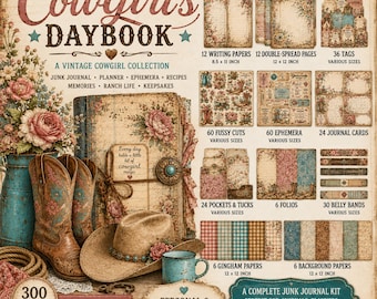 May include: A digital junk journal kit titled Cowgirl's Daybook featuring a vintage western theme. Includes 12 writing papers, 12 double-spread pages, 36 tags, 60 fussy cuts, 60 ephemera, 24 journal cards, 24 pockets, 6 folios, 30 belly bands, and 12 papers.