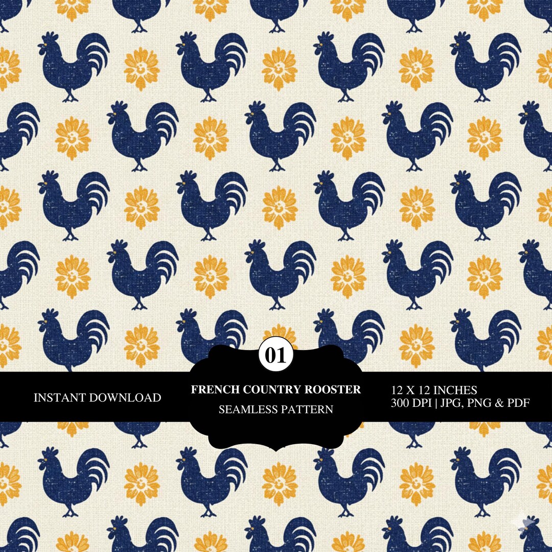 Provencal Pattern Provençal Rooster Pattern • French Country Design • Blue Yellow Floral ...