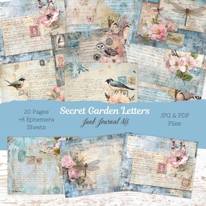 Kit de diário de lixo do jardim secreto para impressão • 20 páginas florais vintage + 8 folhas de itens efêmeros • Download digital em tamanho de carta botânica grunge