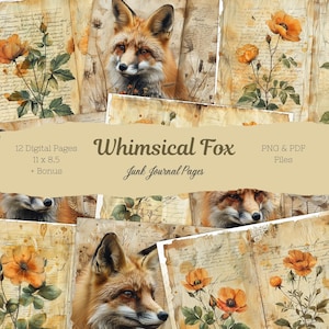 May include: Twelve digital pages of vintage-style junk journal paper featuring a whimsical fox and orange poppy flowers. The pages are 11 inches by 8.5 inches and come in PNG and PDF formats.