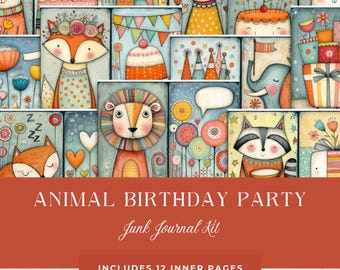 Puede incluir: Un conjunto de paneles ilustrados con personajes de animales caprichosos, pasteles y decoraciones de fiesta. El texto "ANIMAL BIRTHDAY PARTY" y "Junk Journal Kit" se muestra sobre un fondo rojo. Incluye 12 páginas interiores.