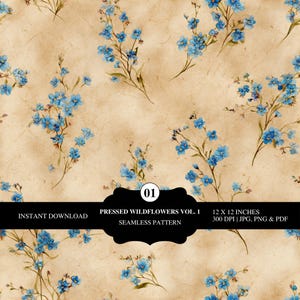 May include: A seamless pattern featuring blue wildflowers on a beige background. The design includes the text "PRESSED WILDFLOWERS VOL. 1" and "SEAMLESS PATTERN". The image is 12 x 12 inches.