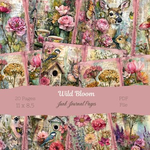 Páginas de diário de sucata com flores silvestres | Diários de sucata feitos à mão | Suprimentos para scrapbooks com inspiração vintage | Download instantâneo | Ideia para presente