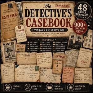 May include: A vintage detective kit titled The Detective's Casebook, featuring 48 double-sided pages and 900+ ephemera pieces. The collection includes aged paper documents, wanted posters, telegrams, postcards, maps, and evidence tags with 1930s-style text.