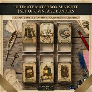 May include: A set of six matchbox-style containers featuring vintage-style illustrations of books, spectacles, letters, a lantern, and a library drawer. Includes a feather quill, a metal key, ink bottles, and paper ephemera on a wooden surface.