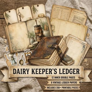 Puede incluir: Una colección de efímeros digitales de estilo vintage titulada Dairy Keeper's Ledger, que incluye un libro encuadernado en cuero, etiquetas de papel envejecido, hojas de inventario e ilustraciones de utensilios de cocina rústicos.
