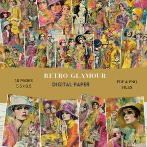 Strony dziennika Retro Glamour Junk | Papier kolażowy Vintage Fashion | Zestaw do druku Ephemera | Pobierz album w stylu lat 70.