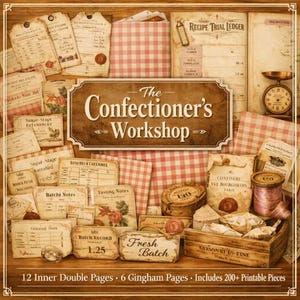 May include: A collection of vintage-style paper ephemera for a confectioner's workshop, featuring recipe ledger pages, batch record cards, tasting notes, and red and white gingham patterned paper, with a wooden crate and a small scale.