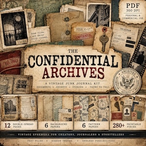 Peut inclure: Un kit de journal créatif numérique intitulé The Confidential Archives comprenant des éphémères de style vintage, des documents, des télégrammes et des clés. Le lot inclut 12 pages doubles, 6 papiers de fond, 6 papiers à motifs et 280 éléments.
