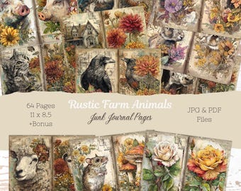 Rustic Farm Animals Junk Journal Kit: Printable Ephemera
