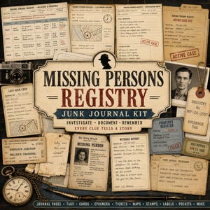 以下が含まれることがあります： Missing Persons Registryのジャンクジャーナルキット。調査メモ、証言報告書、地図、証拠タグ、懐中時計、カメラなどのヴィンテージ風の紙ものや小物が含まれており、様々な書類にはテキストが印刷されています。