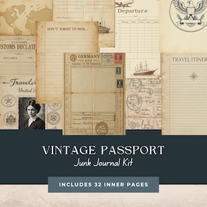 Diario de viaje vintage con diseño de pasaporte: 32 diseños individuales de 3,5 x 5 pulgadas, 10 hojas efímeras, 2 diseños de portada / PDF imprimible / Kit de minifolio de 3,5 x 5 pulgadas