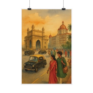 Vintage Mumbai Gateway of India Art Print,  Retro Indian Wall Decor | Gateway of India Poster | Bombay Cityscape Illustration