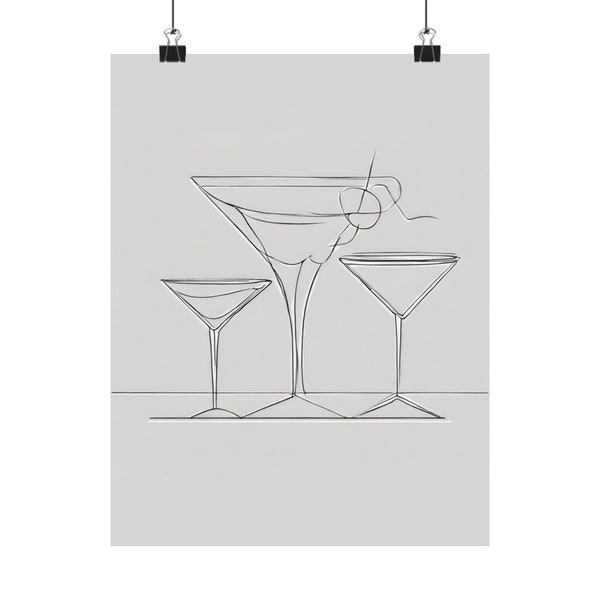 Modern Martini Glasses Artwork Poster, Single Line Design, Trendy Wall Decor Print