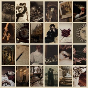 May include: A collage of vintage-style images with a sepia tone. The images include classical sculptures, a skull, a pocket watch, a rose, and figures in period clothing. The overall theme is reminiscent of classic art and literature.