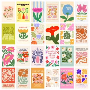 May include: A collection of colorful floral art prints with inspirational quotes and Bible verses. Each print features unique flower designs in various colors, with text such as "Commit your way to the Lord" and "Trust in the Lord with all your heart."