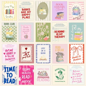 Puede incluir: Una colección de veinte tarjetas rectangulares con diversas ilustraciones y textos sobre libros. Los diseños incluyen pilas de libros, detalles florales, fichas de biblioteca y frases como Books Are My Happy Place y Read and Relax.