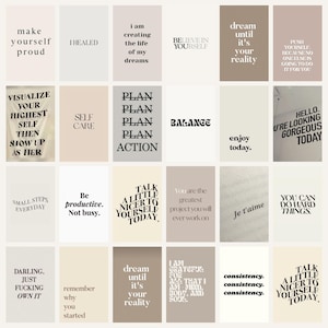 Puede incluir: Un conjunto de tarjetas con citas inspiradoras en tonos neutros. Cada tarjeta presenta una frase diferente en una tipografía elegante, como "Visualiza tu yo más alto", "Equilibrio" y "Habla un poco más amable contigo mismo hoy."