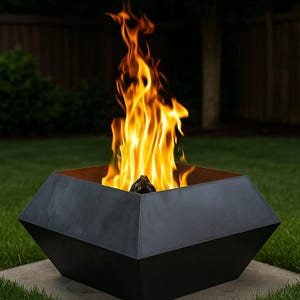 Könnte beinhalten: Ein moderner, schwarzer geometrischer Feuerkorb mit einem hellen orange-gelben Feuer im Inneren. Der Feuerkorb steht auf einer Betonplatte auf einem grünen Rasen. Die Flammen steigen auf und erzeugen ein warmes Ambiente.