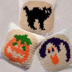 May include: Three crocheted pillow covers with Halloween themes. One features a black cat, another a pumpkin face, and the last a ghost.