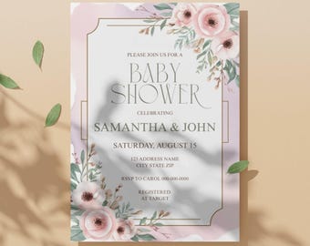 Floral Baby Shower Invitation – Editable Canva Template, Elegant Garden Baby Shower Invite, Digital Download, Instant Access