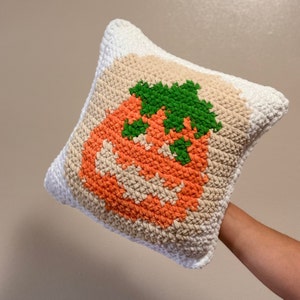 May include: A white pillow with a crocheted orange pumpkin design. The pumpkin has a green stem and a carved jack-o'-lantern face.