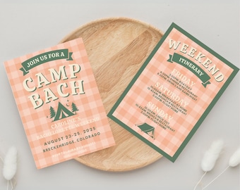 Camp Bach Bachelorette  Itinerary - Editable Canva Template - Cabin Weekend Party Weekend Schedule - Instant Download Itinerary
