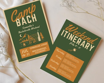 Camp Bach Bachelorette Itinerary - Easy Editable Canva Template - Cabin Weekend Party Itinerary Invite - Instant Download