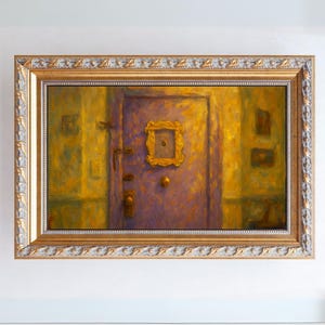 May include: A painting depicting a purple door with a gold frame around a peephole. The door is situated in a hallway with yellow walls and a small window to the right.