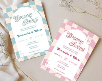 Groovy babyshowersjabloon – retro babyshoweruitnodiging uit de jaren 70, bewerkbare bohocanva-sjabloon, digitale download, instant download – 3 kleuren