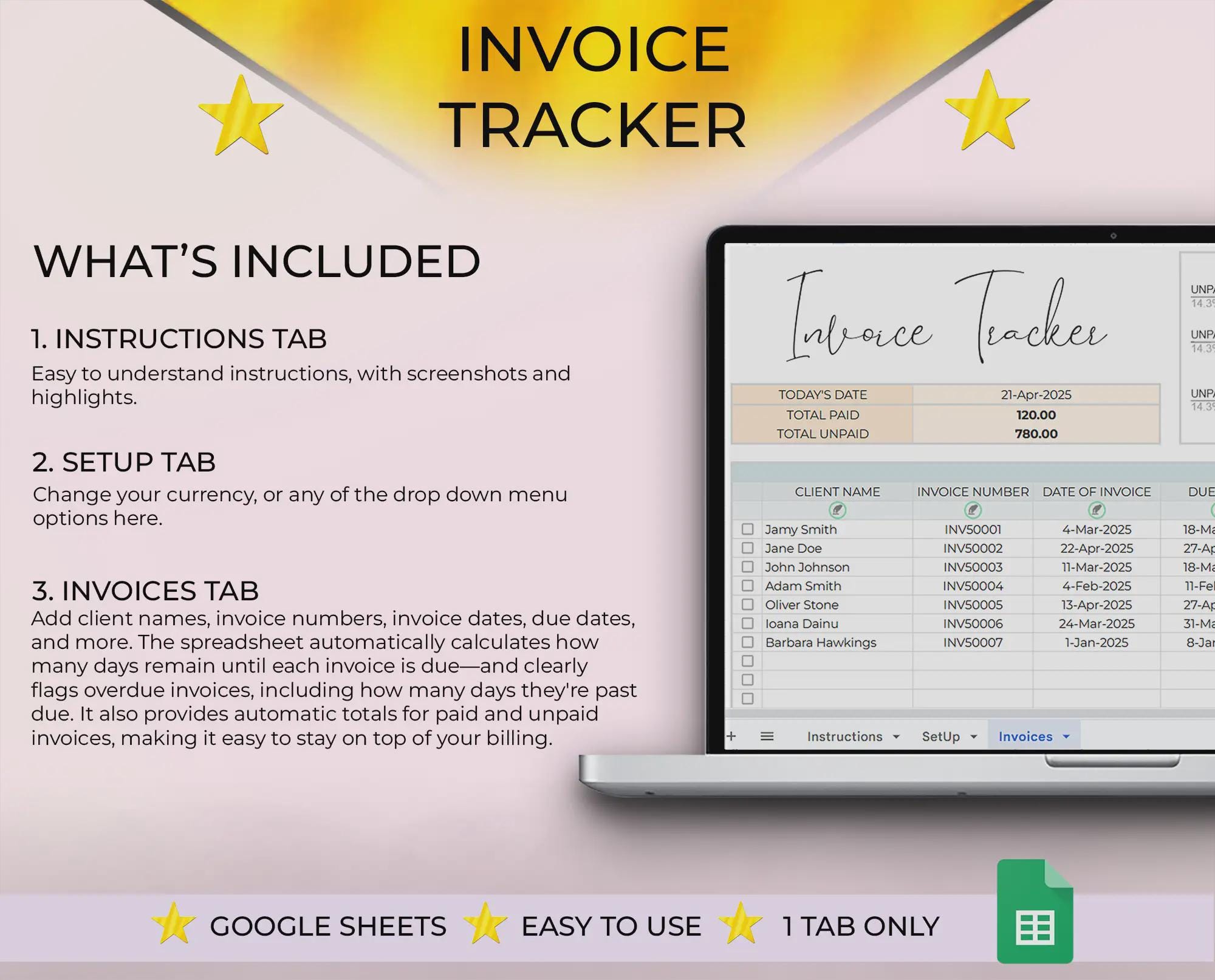 INVOICE TRACKER Spreadsheet for Google Sheets, Small Business Template ...