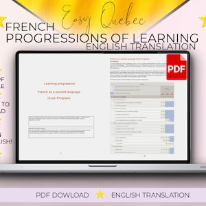 May include: A laptop screen displaying a PDF document titled "French as a second language (Core Program)" with a chart showing learning progressions for French language skills. The document is titled "Easy Quebec Progressions of Learning English Translation".