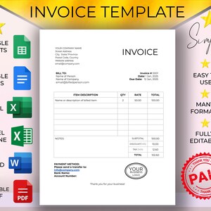 以下が含まれることがあります： シンプルなデザインの印刷可能な請求書テンプレート。テンプレートは完全に編集可能で、Googleスプレッドシート、Googleドキュメント、Excel、Word、PDFなど、複数の形式で利用できます。テンプレートには、請求情報、品目説明、数量、レート、合計、小計、割引、税金、合計のセクションが含まれています。また、支払い方法のセクションと、会社のロゴを入れるスペースも含まれています。