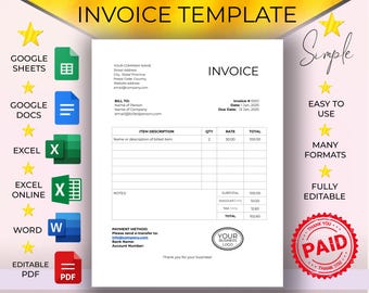 INVOICE TEMPLATE Spreadsheet Google Sheets Custom Excel, Word, Excel Online, OneDrive, Printable, Automatic, Editable PDF, Google Docs
