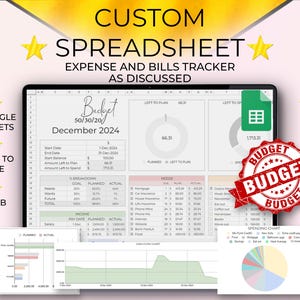 Può includere: Uno screenshot di un foglio di calcolo di Google Sheets con un tracker di budget per dicembre 2024. Il foglio di calcolo include sezioni per entrate, spese pianificate, spese effettive, necessità, desideri e spese future. Il foglio di calcolo include anche un grafico a torta che mostra le categorie di spesa.