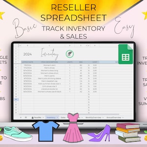 May include: A screenshot of a Google Sheets spreadsheet with the title "Reseller Spreadsheet Track Inventory & Sales". The spreadsheet is divided into columns with headings such as "Listed Date", "Item Description", "Units", "Bin", and "Cost". The spreadsheet is used to track inventory and sales for a reseller business.