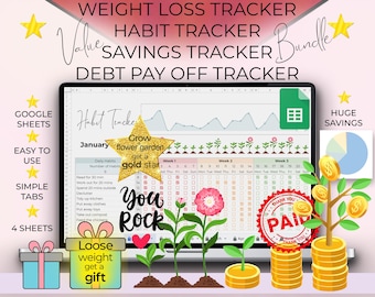 VALUE BUNDLE, Weight Loss Tracker, Habit Tracker, Savings Tracker, Debt Payoff Tracker, Task Tracker, Mood Tracker, Google Sheets, Budget