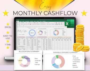 Cashflow template for Excel, Monthly Spreadsheet, Paycheck Budget Tracker, Budgeting for beginners, beginner spreadsheet, budget spreadsheet