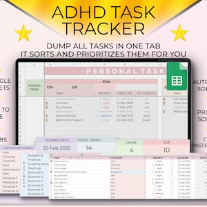 ADHD task tracker Spreadsheet for Google Sheets, Project Management, ADHD digital planner, Digital Task Tracker, ADHD planner