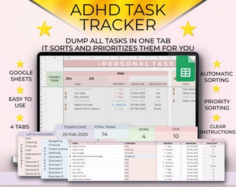 ADHD task tracker Spreadsheet for Google Sheets, Project Management, ADHD digital planner, Digital Task Tracker, ADHD planner