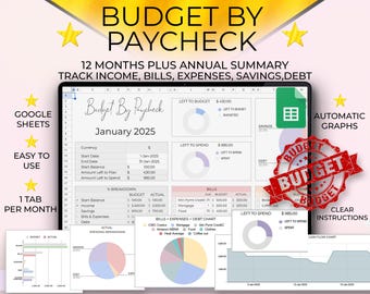 BUDGET by Paycheck Google Sheets Spreadsheet, Financial Planner Template, Monthly Tracker with Annual Summary