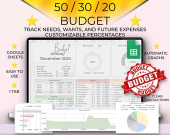 50/30/20 Budget Spreadsheet for Google Sheets | Monthly, Weekly Paycheck Template, 70/20/10 Rule | Expense Tracker and Financial Planner