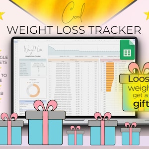 May include: A laptop computer screen displaying a Google Sheets spreadsheet titled "Weight Loss Tracker". The spreadsheet contains data about weight loss, including start date, finish date, goal weight, and progress. The spreadsheet also includes a chart showing weight loss over time. The laptop is surrounded by colorful gift boxes with pink ribbons. The text "Loose weight get a gift" is displayed on a green gift box.