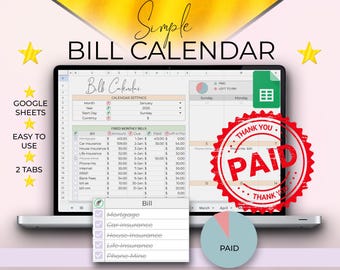 BILL Calendar Google Sheets, Monthly Bill Calendar, Dynamic Bill calendar, budget spreadsheet, weekly budget, subscription tracker