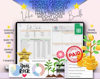 SUPER VALUE BUNDLE, Habit Tracker, Bill Calendar, Monthly Budget, Weight Loss Tracker, Savings Tracker, Expense Tracker, Monthly Cashflow