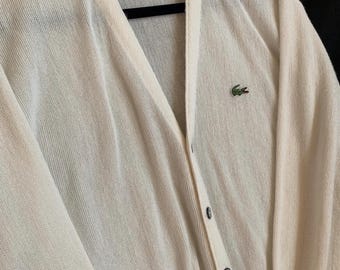 Vintage 1980s Lacoste Izod Off-White  Preppy Cardigan featuring Abalone Pearlescent Buttons Size M