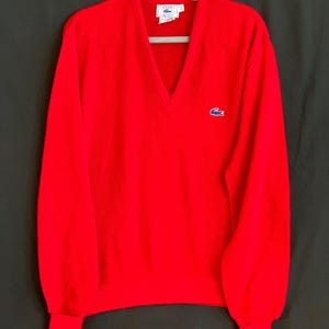 Vintage 1970s/80s Men’s Izod Lacoste V-Neck Long Sleeve Sweater - Red Knit - Sz XL