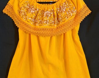 Vintage embroidered Boho Hippie Style Mexican blouse - Dandelion Yellow - size XL